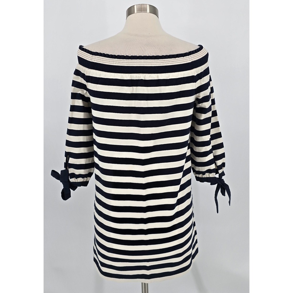 J Crew XS Stripe Knit Mini Dress Off Shoulder 3/4 Sleeve Bow Cuff 100% Cotton - Picture 7 of 11